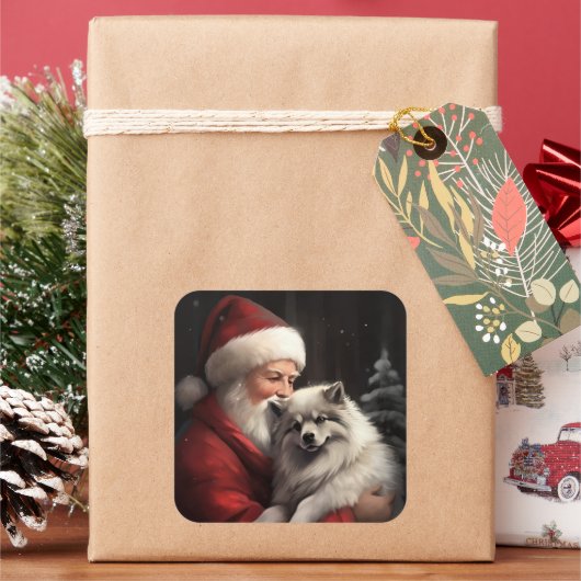 Keeshond Met Sinterklaas Feestelijke Kerstmis Vierkante Sticker (Feestdagen)