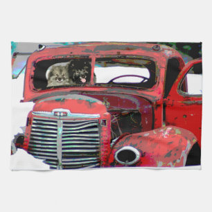 Keeshond Old Truck Paing Art Theedoek