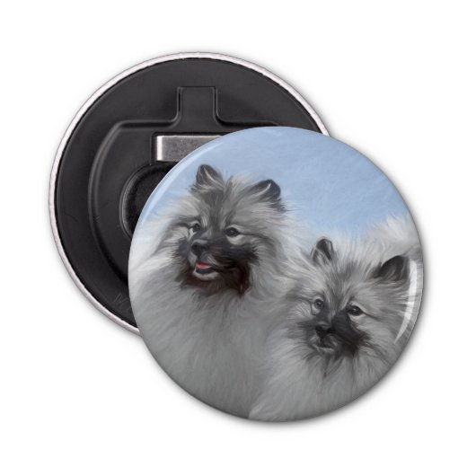 Keeshond Paar van Kees Schilderen Originele Dieren Button Flesopener (Voorkant)
