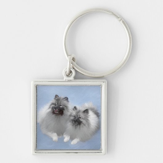 Keeshond Paar van Kees Schilderen Originele Dieren Sleutelhanger (Voorkant)