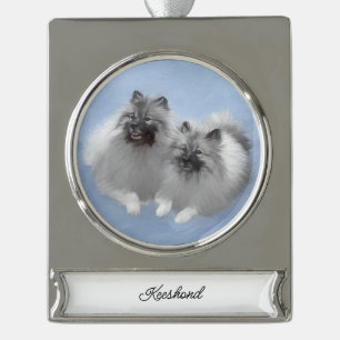 Keeshond Paar van Kees Schilderen Originele Dieren Verzilverd Banner Ornament