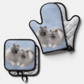 Keeshond Painting 2 Keeshonden Originele hondenkun Ovenwant & Pannenlap Set (Voorkant / Achterkant)