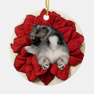 Keeshond Poinsettia Puppy Ornament