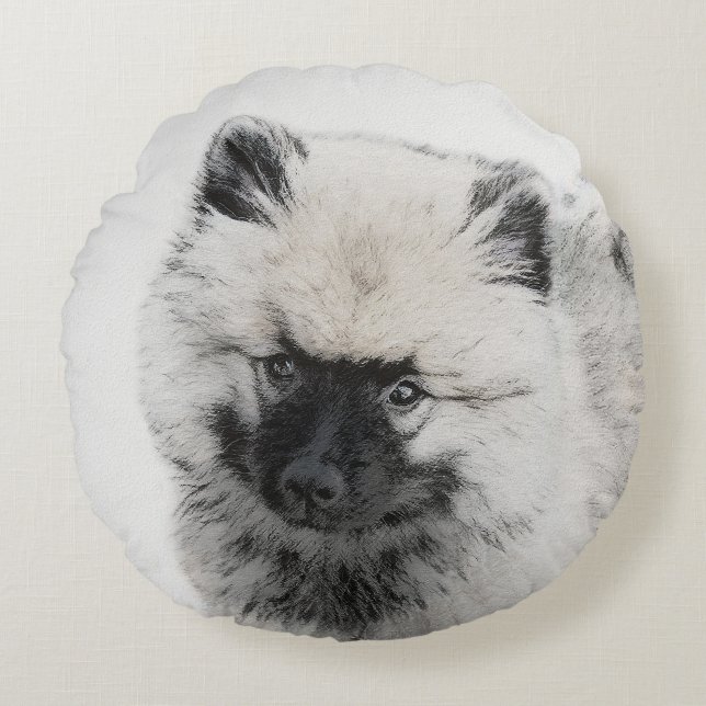 Keeshond Puppy Drawing - Cute Original Dog Art Rond Kussen (Voorkant)