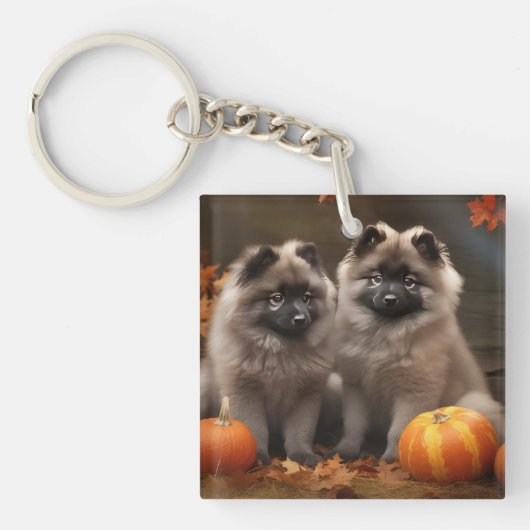 Keeshond Puppy Herfst Delight Pompoen Sleutelhanger (Voorkant)