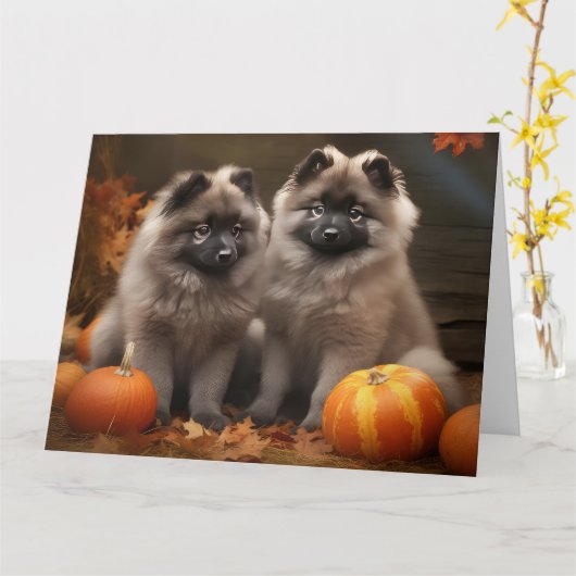 Keeshond Puppy Herfst Genot Pompoen Kaart (Gele Bloem)