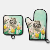 Keeshond Schilderen in Tulpen Schattigee Originele Ovenwant & Pannenlap Set (Voorkant)