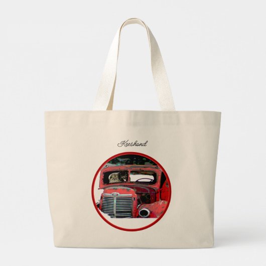 Keeshond Schilderen Kerst Oude Rode Truck Dog Art Grote Tote Bag (Achterkant)