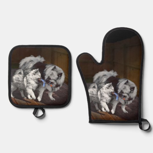 Keeshond Schilderen Speeltijd Schattigee Originele Ovenwant & Pannenlap Set (Voorkant)