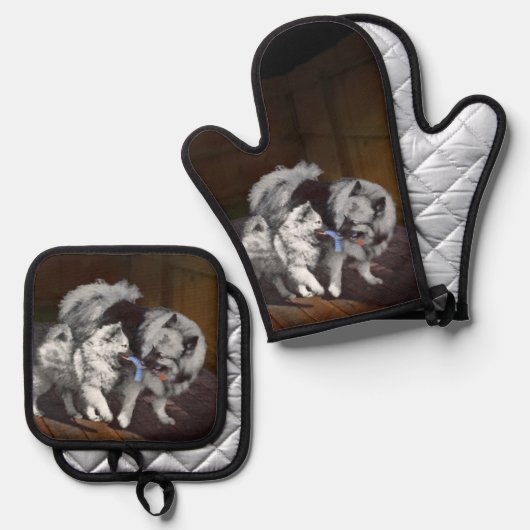 Keeshond Schilderen Speeltijd Schattigee Originele Ovenwant & Pannenlap Set (Voorkant / Achterkant)