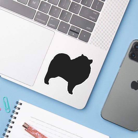 Keeshond Silhouet Keesie Vinyl Sticker (Laptop met iPhone)