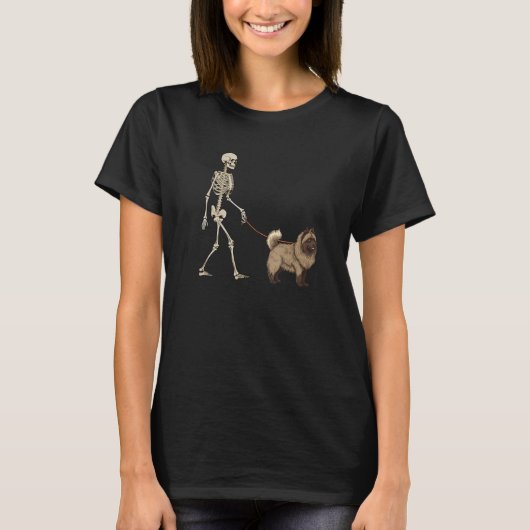 Keeshond Skeleton Dog Walking Halloween Dog T-shirt (Voorkant)