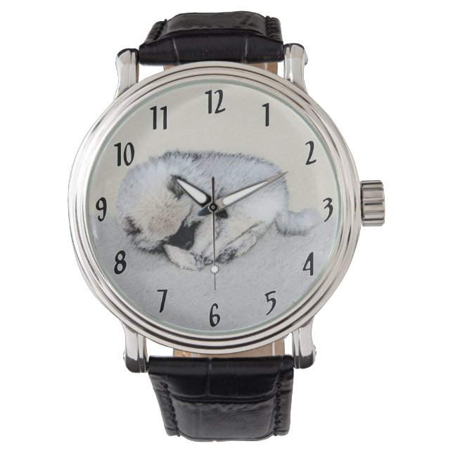 Keeshond Sleeping Puppy Painting Horloge (Voorkant)