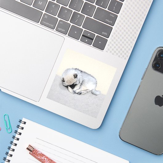 Keeshond Sleeping Puppy Painting Sticker (Laptop met iPhone)