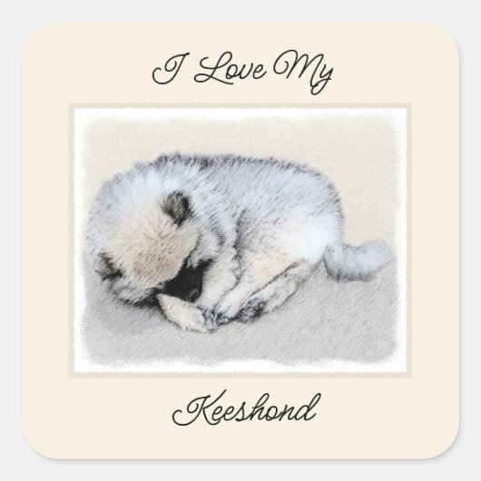 Keeshond Sleeping Puppy Painting Vierkante Sticker (Voorkant)