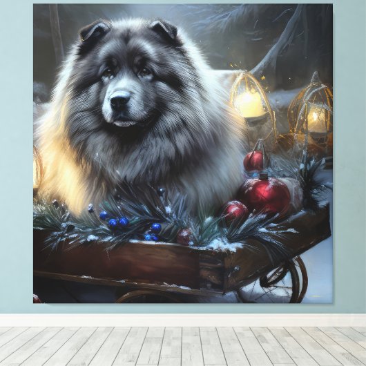 Keeshond Snowy Sleigh Kerst Decor Canvas Afdruk (Insitu (Houten vloer))