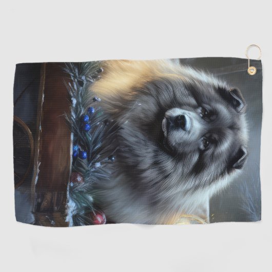 Keeshond Snowy Sleigh Kerst Decor Golfhanddoek (Horizontaal)