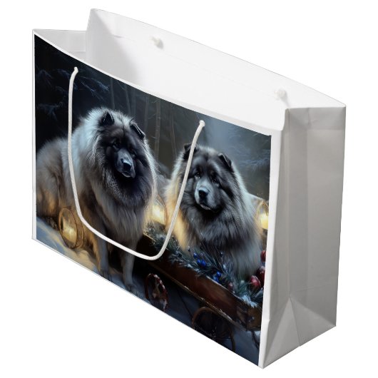 Keeshond Snowy Sleigh Kerst Decor Groot Cadeauzakje (Voorkant Gekanteld)