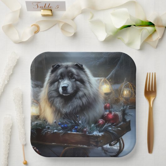 Keeshond Snowy Sleigh Kerst Decor Papieren Bordje (Huwelijk)