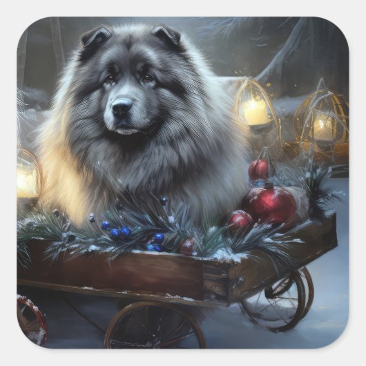 Keeshond Snowy Sleigh Kerst Decor Vierkante Sticker (Voorkant)