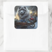 Keeshond Snowy Sleigh Kerst Decor Vierkante Sticker (Tas)