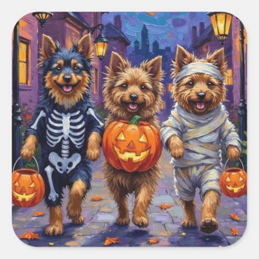 Keeshond Trick-or-Treating in Halloween kostuums Vierkante Sticker (Voorkant)