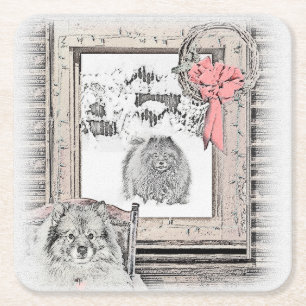 Keeshond Winter Window Paining Art Kartonnen Onderzetters