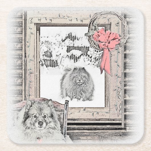 Keeshond Winter Window Paining Art Kartonnen Onderzetters (Voorkant)