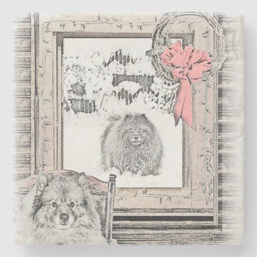 Keeshond Winter Window Paining Art Stenen Onderzetter (Voorkant)