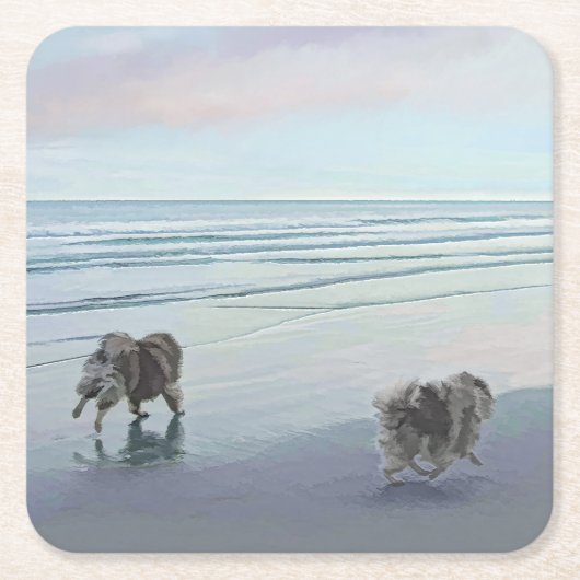 Keeshonds in de Seashore-schilderkunst Kartonnen Onderzetters (Voorkant)