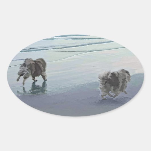Keeshonds in de Seashore-schilderkunst Ovale Sticker (Voorkant)