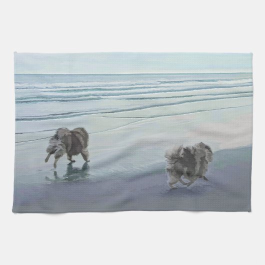 Keeshonds in de Seashore-schilderkunst Theedoek (Horizontaal)