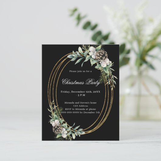 Kegeldennen zwart goud kerstfeest uitnodiging (Staand voorkant)