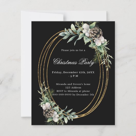 Kegeldennen zwart goud kerstfeest uitnodiging (Voorkant)