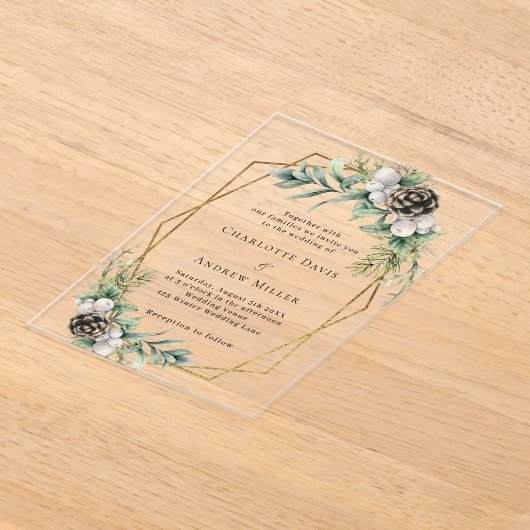 Kegeldennengroen goud geometrische heldere bruilof acryl uitnodigingen (Laagn)