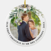 Kegelgroen pasgetrouwden 1e kerstfoto keramisch ornament (Achterkant)