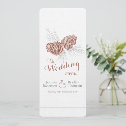 Kegels bruin grijs winter bruiloft diner menu (Staand voorkant)