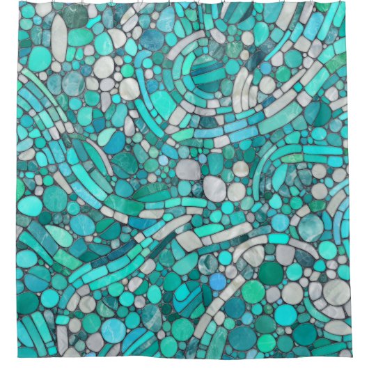 Keien Mozaïek Kunst - Aquamarijn en Parel Douchegordijn (Voorkant)