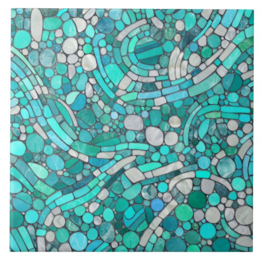 Keien Mozaïek Kunst - Aquamarijn en Parel Tegeltje (Voorkant)