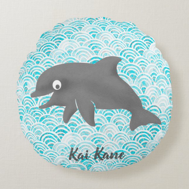 Keiki Waterverf Dolphin Wave Omkeerbaar Rond Kussen (Voorkant)