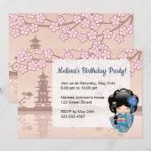 Keiko Kokeshi Doll - Blauw Kimono Verjaardagsfeest Kaart (Voorkant / Achterkant)