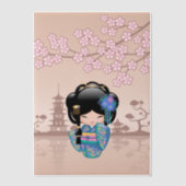 Keiko Kokeshi Doll Blue Kimono Geisha Beige Insert Vellum Uitnodigingen (Voorkant)