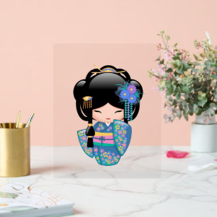 Keiko Kokeshi Doll - Blue Kimono Geisha Girl Acryl Bord