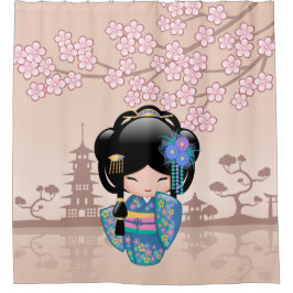 Keiko Kokeshi Doll Blue Kimono Geisha Girl Beige Douchegordijn