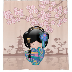 Keiko Kokeshi Doll Blue Kimono Geisha Girl Beige Douchegordijn