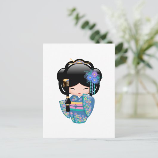 Keiko Kokeshi Doll - Blue Kimono Geisha Girl Briefkaart (Staand voorkant)