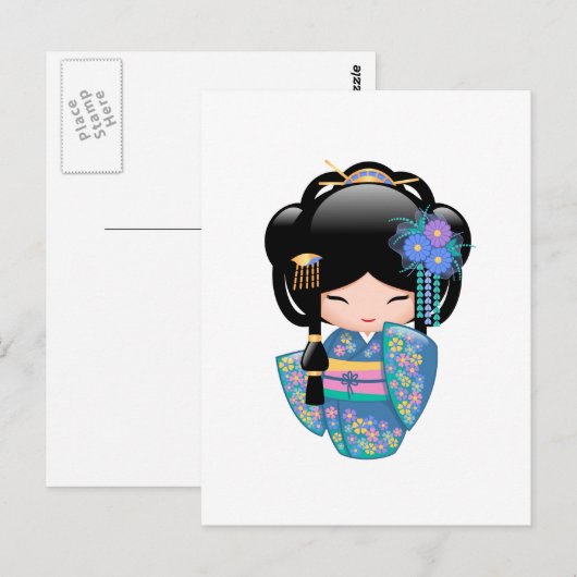Keiko Kokeshi Doll - Blue Kimono Geisha Girl Briefkaart (Voorkant / Achterkant)