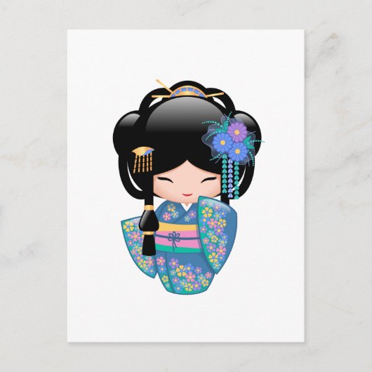 Keiko Kokeshi Doll - Blue Kimono Geisha Girl Briefkaart (Voorkant)