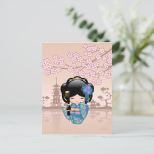 Keiko Kokeshi Doll - Blue Kimono Geisha Girl Briefkaart