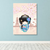 Keiko Kokeshi Doll - Blue Kimono Geisha Girl Canvas Afdruk (Insitu (Houten vloer))